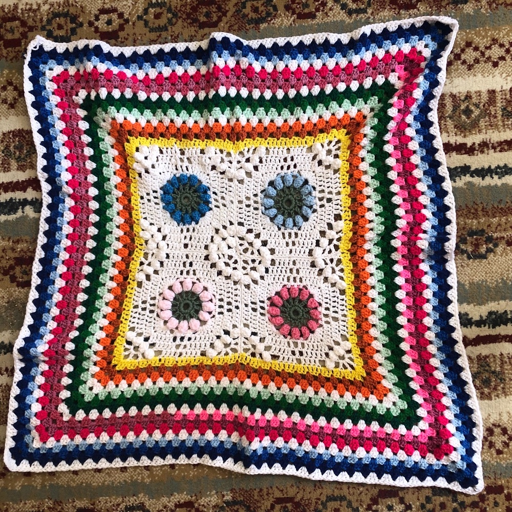 Granny Square Afghan Blanket Floral Detail Multicolor Handmade Hippy Retro Boho